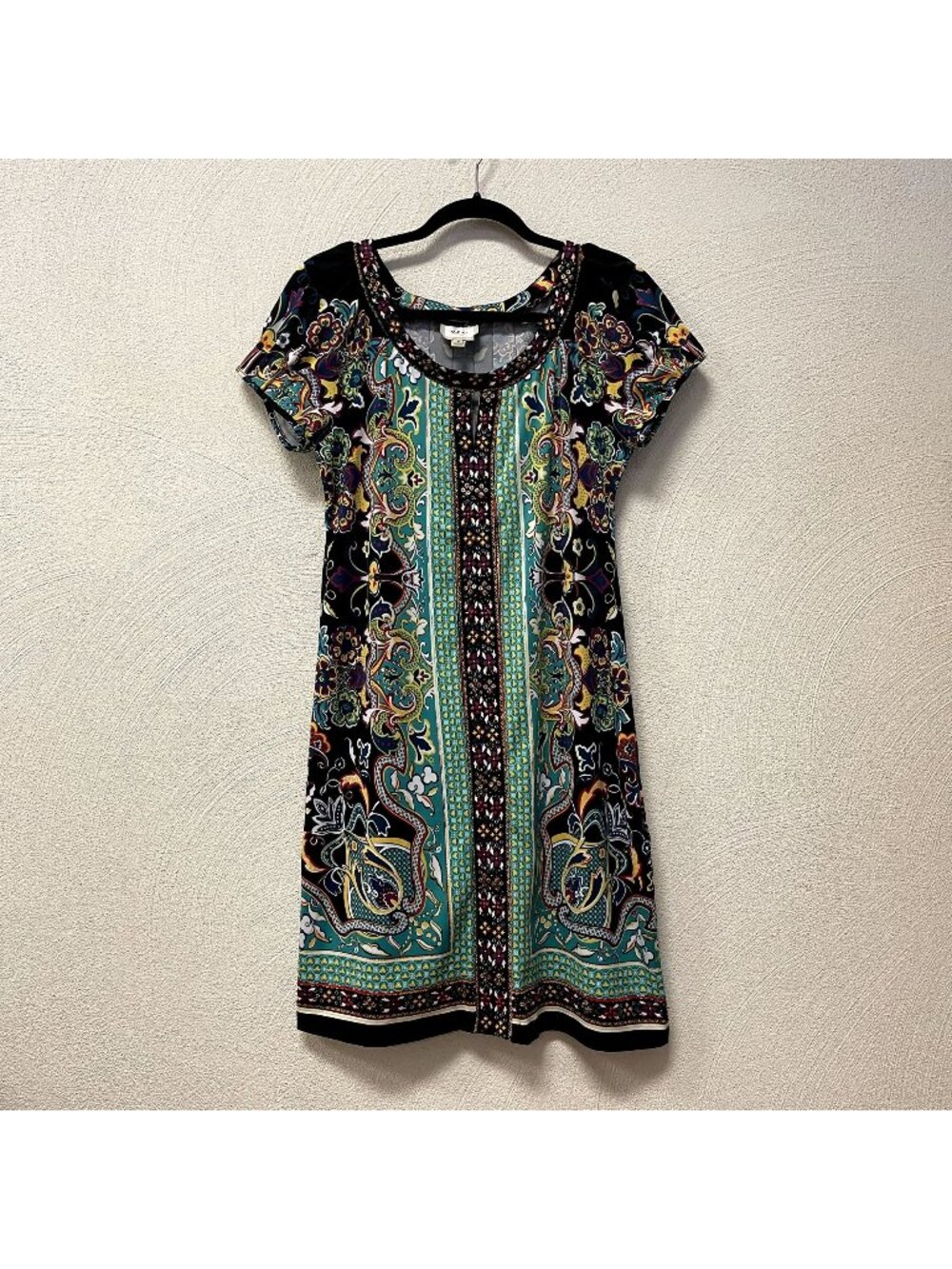 ECI New York Black & Green w/ Beaded Accent Summer Dress sz 8